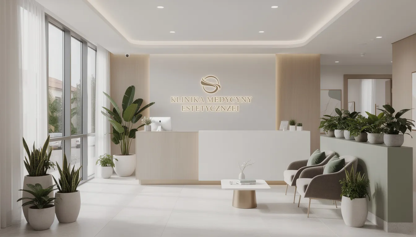 Elegancka recepcja kliniki medycyny estetycznej, z roślinami i stonowanymi kolorami, tworzy przyjemną atmosferę dla pacjentek. W tym miejscu oferowane są zabiegi takie jak laserowe obkurczanie pochwy oraz laserowa rewitalizacja, które mogą znacząco poprawić jakość życia i pewność siebie kobiet.