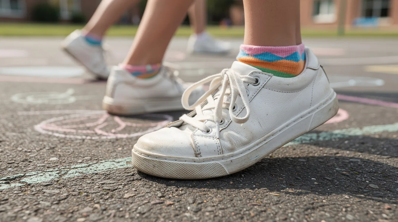 Die Nahaufnahme zeigt Kinderfüße in weißen Court-Sneakern auf einem Schulhof. Die Schuhe sind sportlich und passen zu einem aktiven Lebensstil von Jungen und Mädchen.