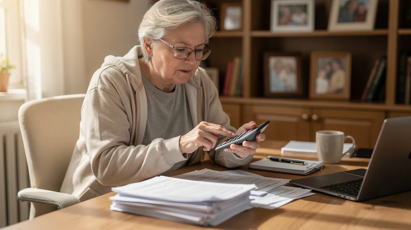 An older person is seated at a home office desk, focused on using a calculator while reviewing various paperwork, which may include financial documents related to loans or income verification. The scene reflects a typical home office environment, emphasizing the importance of financial organization and planning.