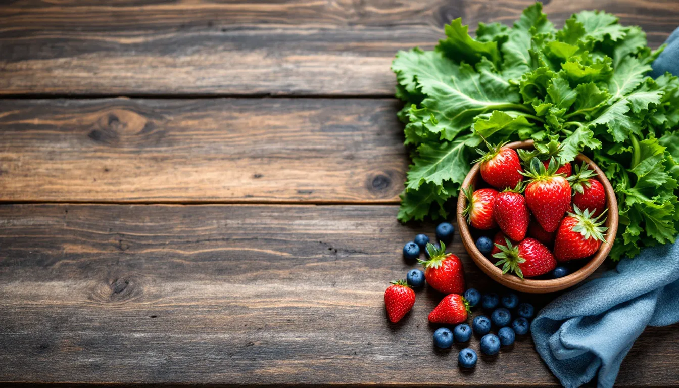 An assortment of fresh anti-inflammatory foods is displayed, featuring vibrant leafy greens, plump berries, and a selection of fish. These ingredients are known for their potential to ease joint pain and support joint health, making them beneficial for individuals dealing with rheumatoid arthritis and other arthritis symptoms.