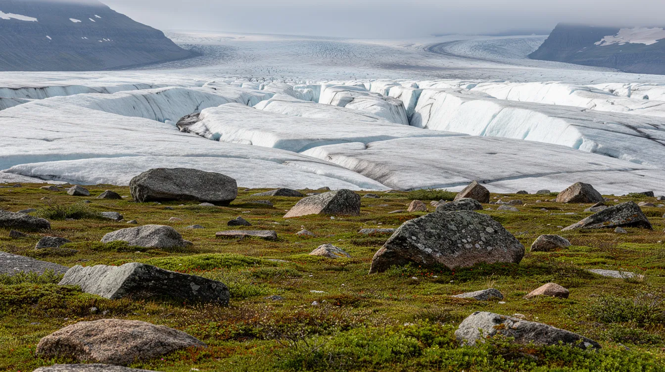 Die Gletscherlandschaft zeigt große Eisfelder, die von einzelnen Felsblöcken durchzogen sind, die auf moosbedecktem Boden liegen. Diese erratischen Blöcke sind Überreste aus der Eiszeit und verleihen der Szenerie eine beeindruckende geologische Vielfalt.