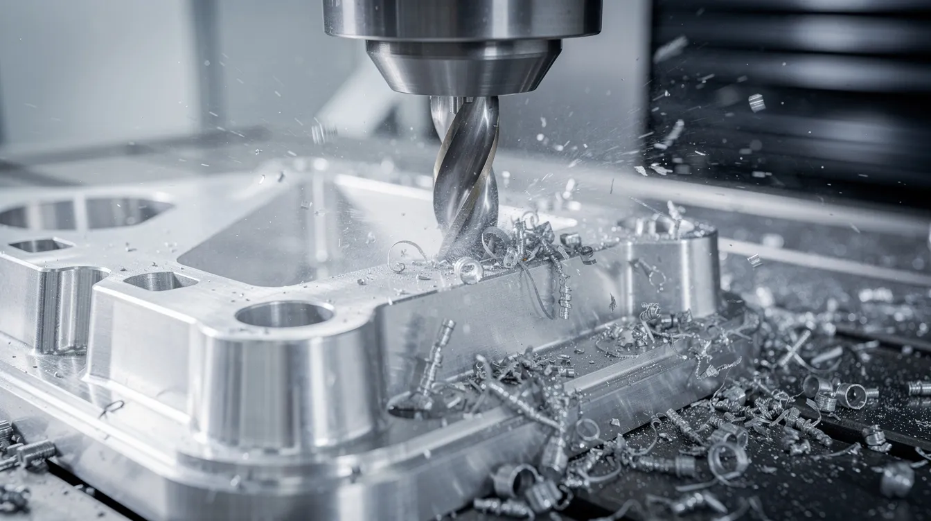 A close-up view of a CNC milling machine actively cutting an aluminum aerospace bracket, with metal chips flying off during the machining process. This image highlights the precision CNC machining services used in the production of aerospace structural components.
