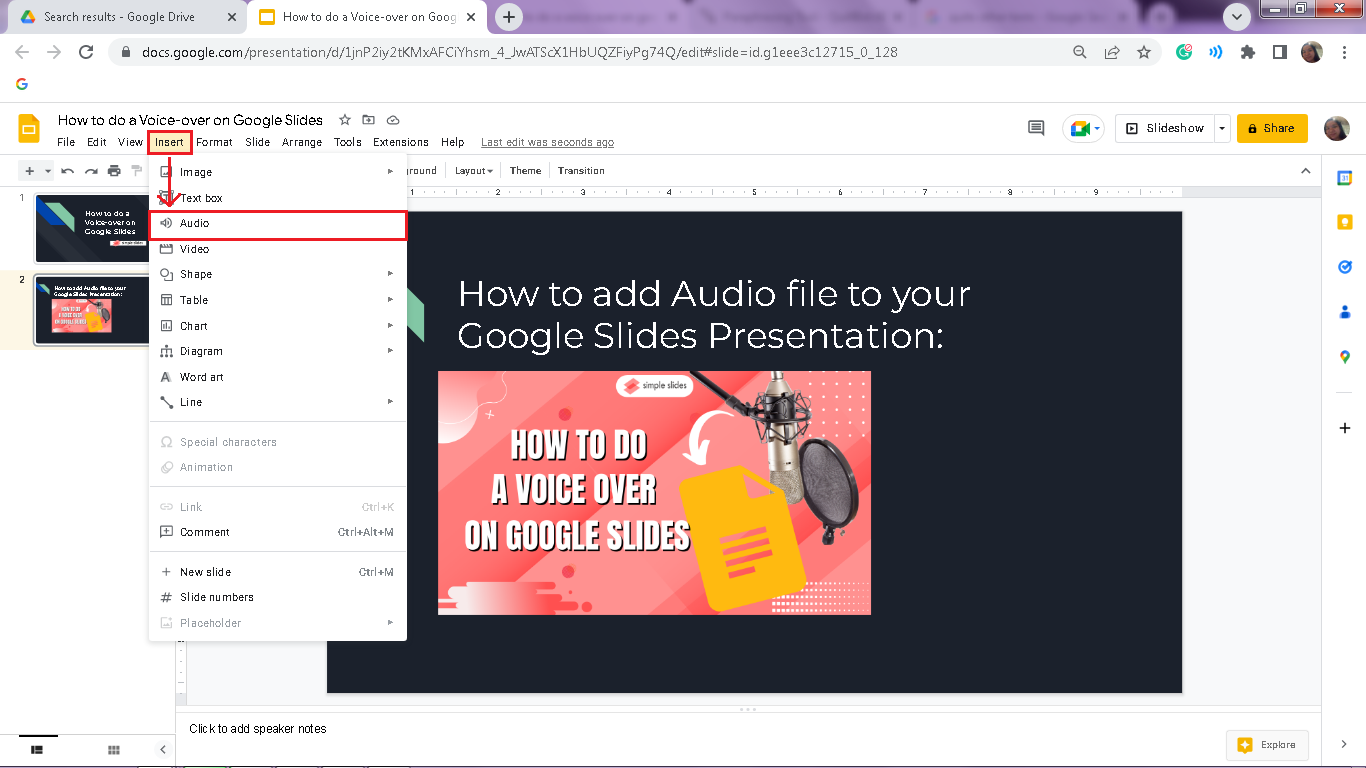 After you click "Insert" tab, a drop-down menu will open, look and select "Audio" option.