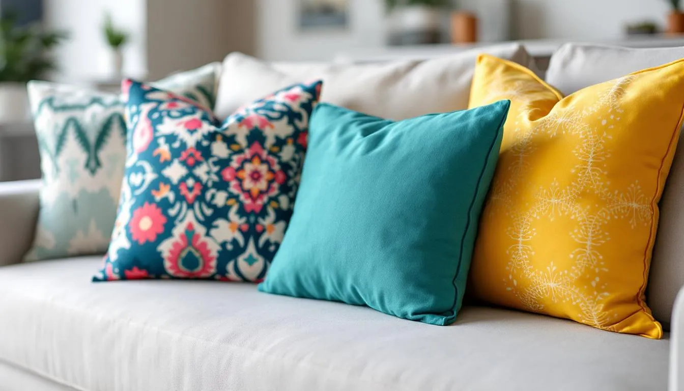 Vibrant custom pillows enhancing the visual appeal of a vacation rental property, creating a striking impression in photographs.