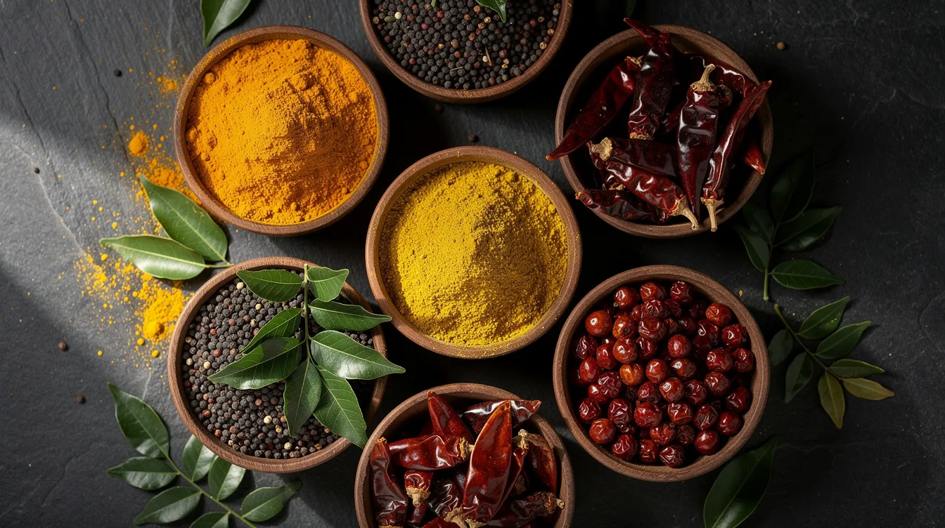 5f579908 90c8 4beb bbbe 3ed525f30484 The image features an array of colorful Indian spice bowls containing turmeric powder, mustard seeds, dried red chilies, and fresh curry leaves, all beautifully arranged on a dark surface. This vibrant display highlights essential ingredients used in making delicious poha and other authentic Indian dishes.