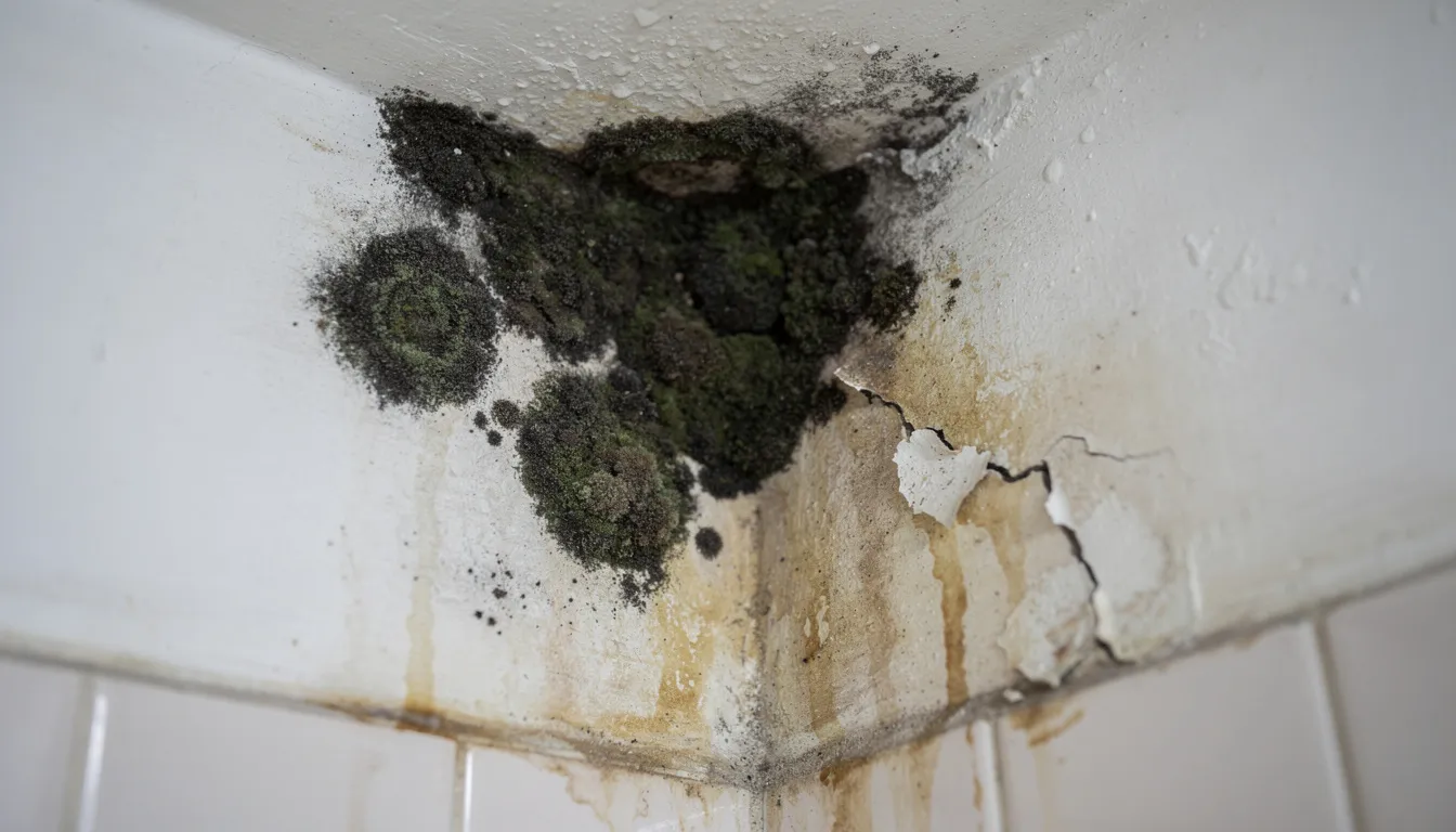 The image shows dark patches of black mold growing in the corner of a damp bathroom wall near the ceiling, indicating potential health risks associated with mold exposure. This mold thrives in humid environments and can lead to allergy symptoms and respiratory issues for those with weakened immune systems.