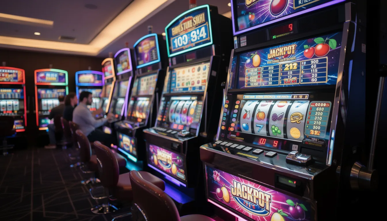 I bilden syns färgglada spelautomater i en modern casinomiljö, där ljudet av snurrande hjul och glädjerop från spelare skapar en livlig atmosfär. Spelautomaterna erbjuder olika teman och funktioner, inklusive populära spel som "Book of Dead", vilket gör att både nya och erfarna spelare kan njuta av en spännande spelupplevelse.