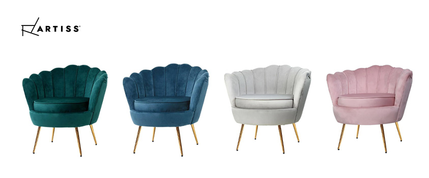 A set of Artiss Clamshell velvet armchairs in green, blue, white and pink.