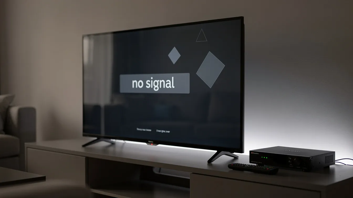 The image shows a television displaying a generic "no signal" screen, indicating a possible issue with the DSTV decoder or satellite signal. A nearby DSTV remote control suggests that the user may need to troubleshoot the connection or check for any error codes related to signal loss or faulty installation.