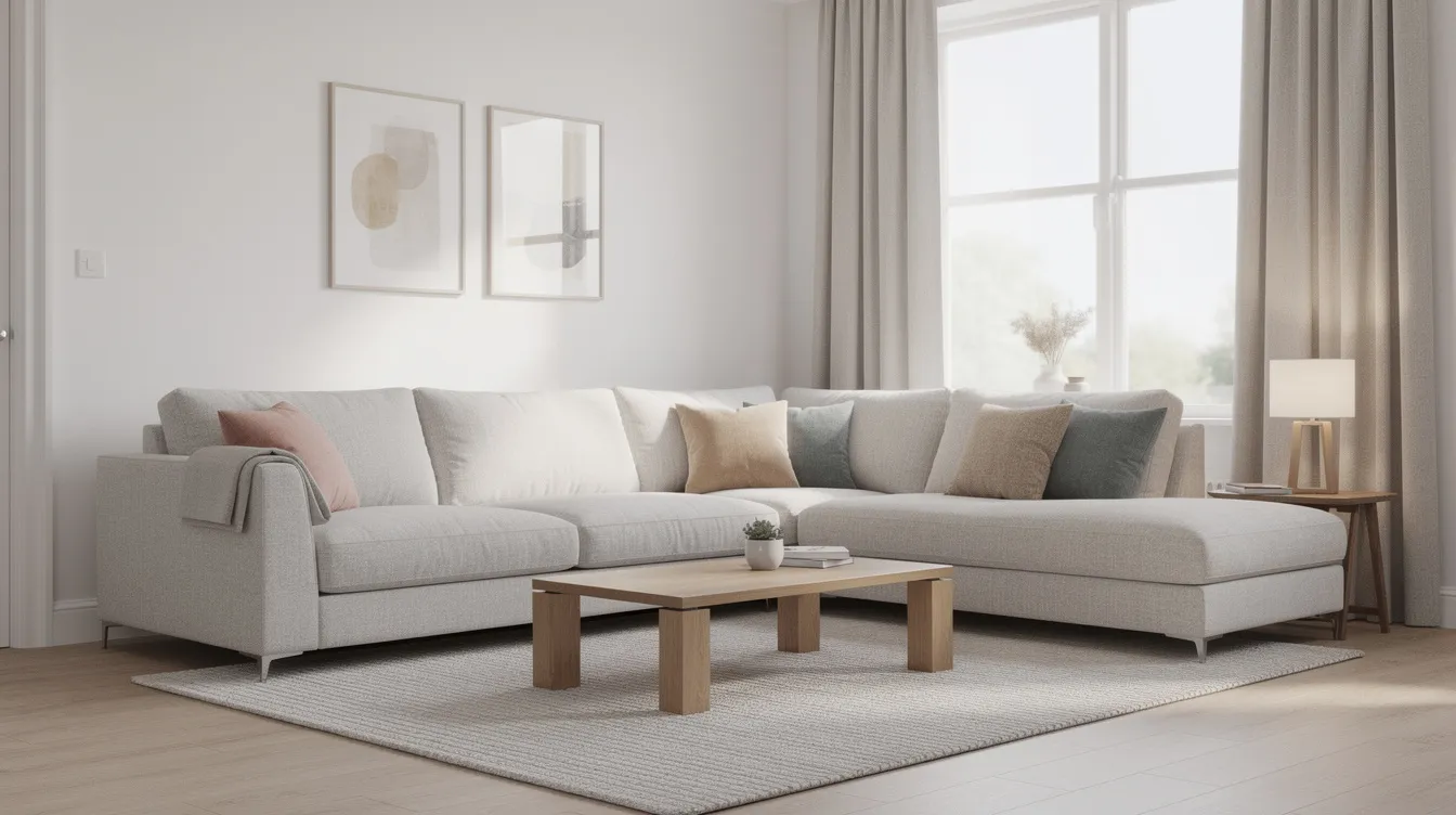 The image depicts a bright, modern UK living room featuring a stylish L-shaped corner sofa in neutral fabric, positioned snugly against two walls, with a coffee table placed in front, creating a cozy seating area. This inviting living space showcases a perfect corner sofa arrangement, ideal for relaxation and entertaining guests.