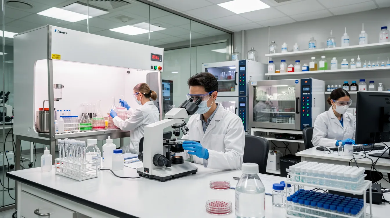 The image depicts scientists engaged in research within a modern laboratory, surrounded by advanced equipment such as microscopes and cell culture tools. They are likely exploring topics related to aging research, including cellular senescence and the development of anti-aging therapies aimed at improving health and extending healthspan in older adults.