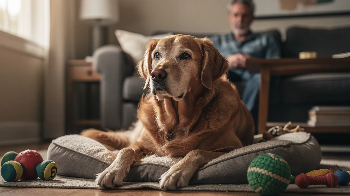The image depicts an elderly dog resting comfortably on a soft bed, showcasing signs of aging such as graying fur and a calm demeanor, reflecting the typical behavioral changes in senior dogs. The dog's relaxed posture and gentle expression suggest a need for a safe space as it navigates the challenges of cognitive decline and the aging process.