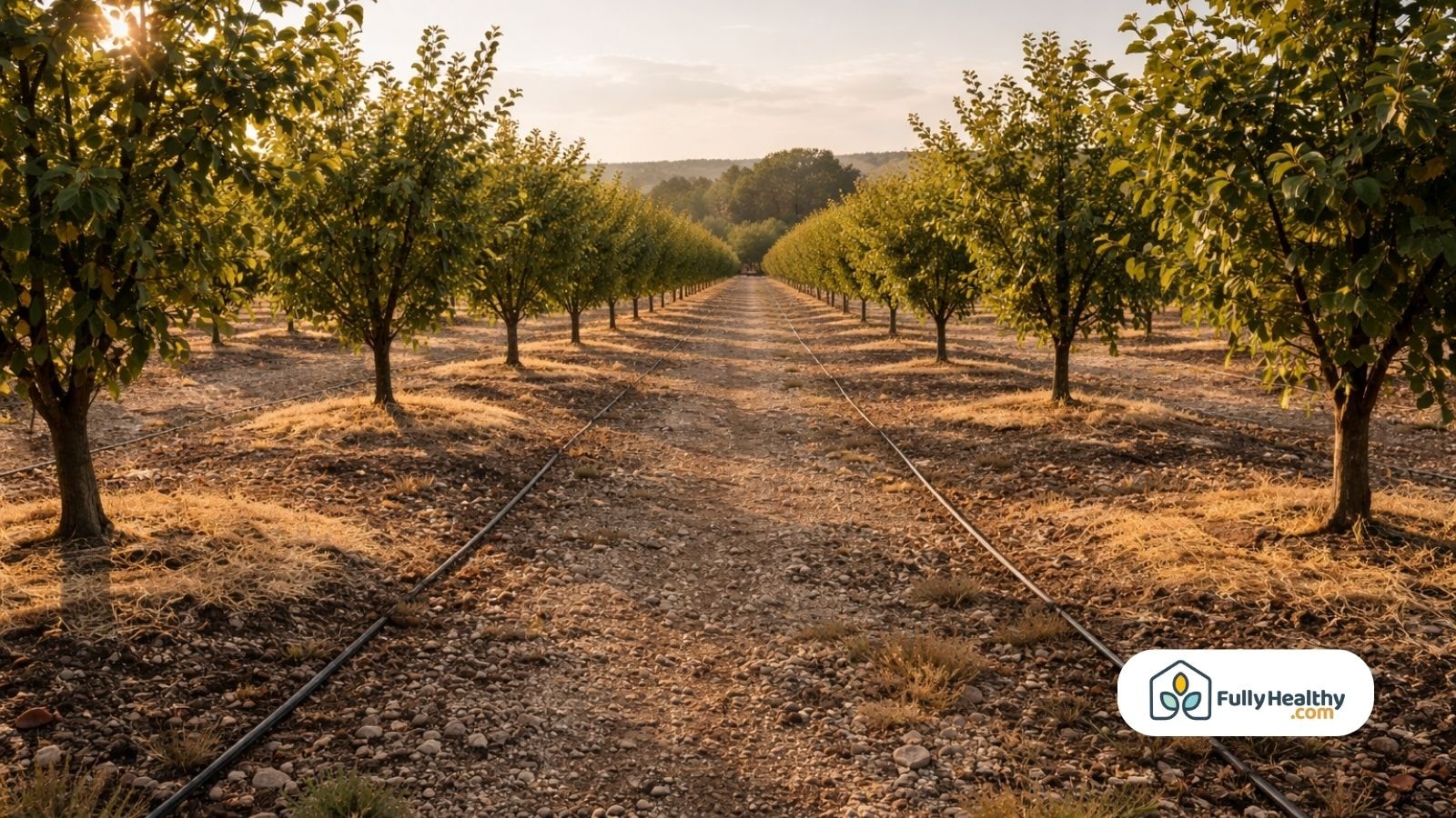 Truffle orchard rows with irrigation lines at sunset