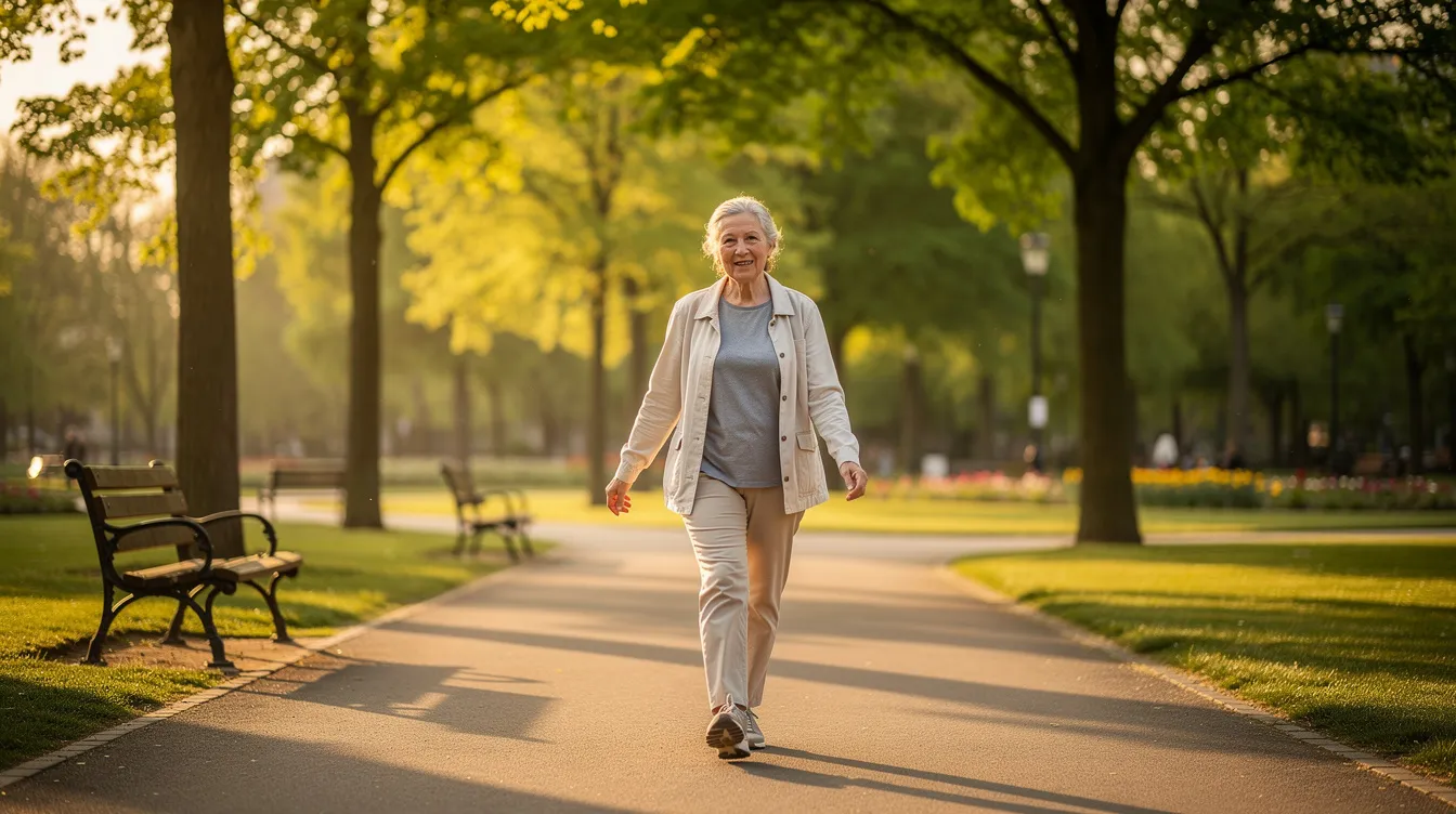 An older woman walks confidently through a quiet park, surrounded by greenery and pathways, embodying a sense of peace and assurance. This image reflects the importance of planning for retirement and the potential benefits of products like annuities, which can provide guaranteed income and tax-deferred growth for a secure financial future.