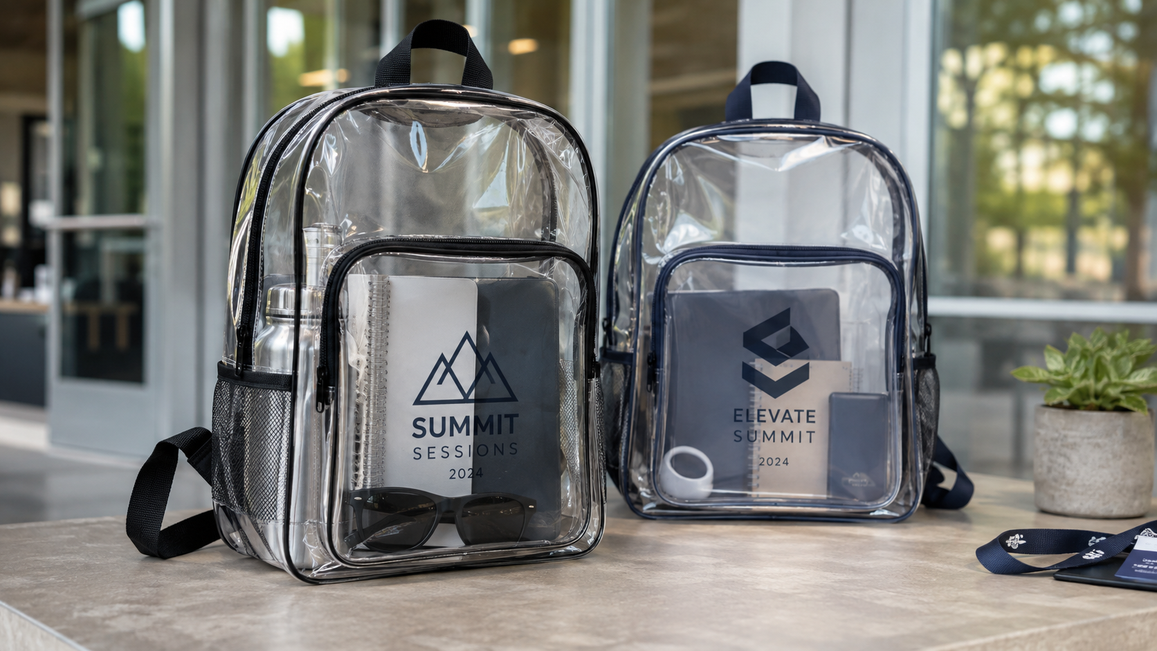 Two clear backpacks displaying their contents for venue entry checks