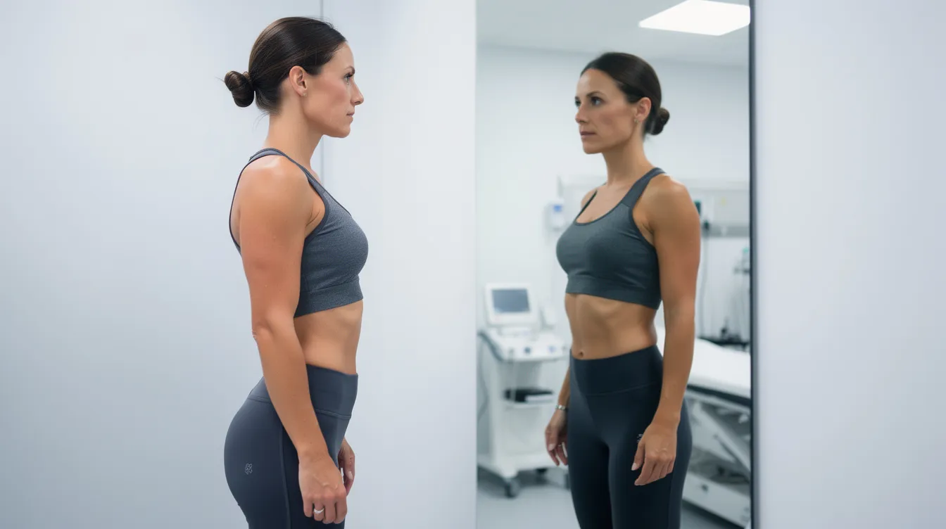 A woman stands in profile view in front of a mirror, dressed in fitted athletic clothing that highlights her defined waistline. The modern clinical setting suggests a focus on non-surgical body contouring and fat reduction treatments, emphasizing a healthy lifestyle and the elimination of stubborn fat pockets.