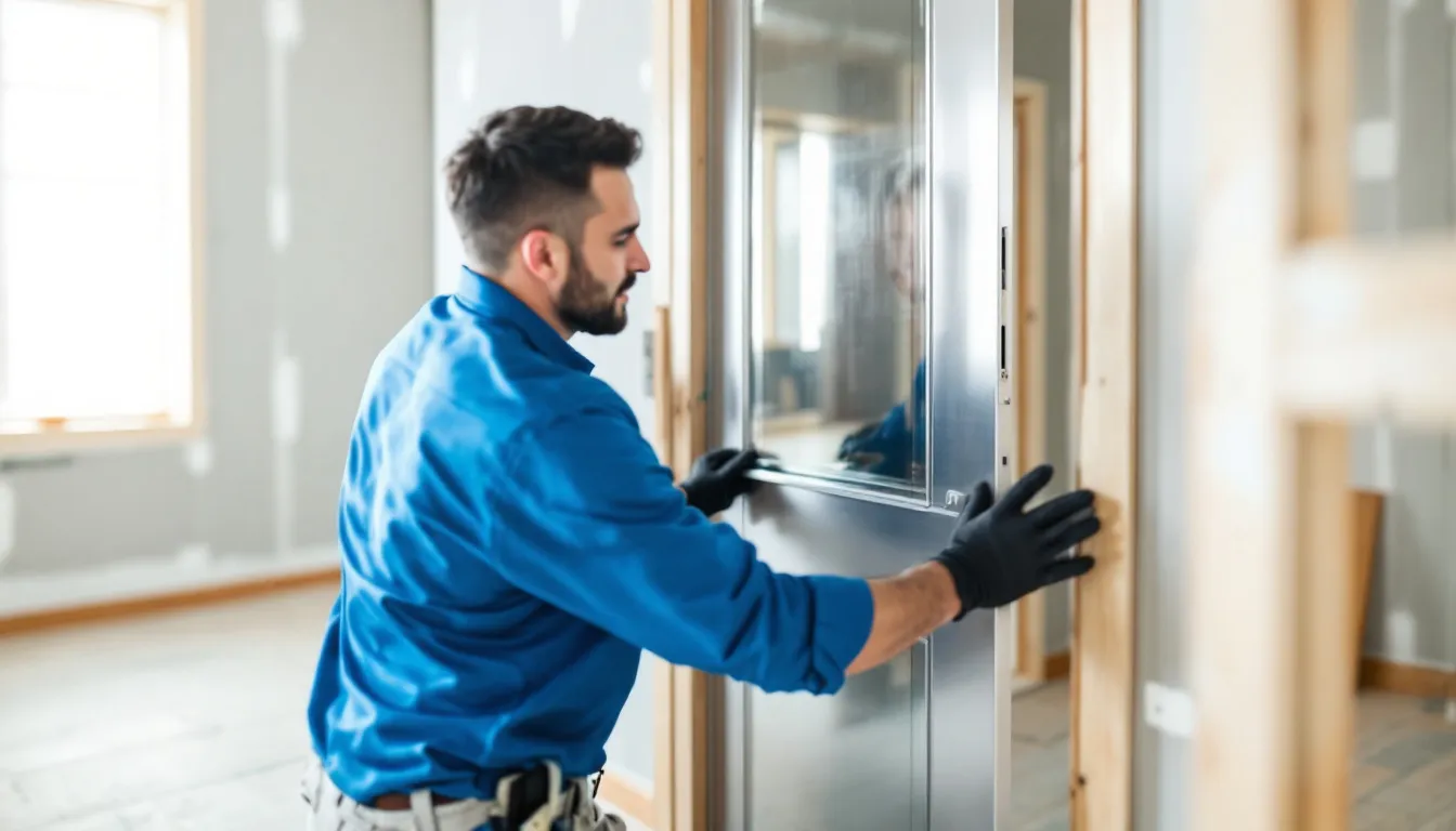 Een vakman installeert een aluminium voordeur in een kozijn, waarbij hij zorgvuldig de scharnieren en de deurklink monteert. De nieuwe deur heeft een moderne uitstraling en is maatwerk, perfect passend in het houten kozijn.