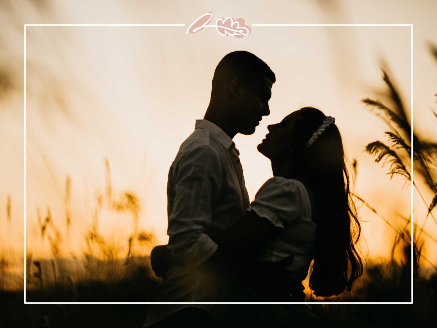 A romantic silhouette of a couple embracing in a field at dusk, with the sky painted in warm sunset hues - Fabulous Flowers and Gifts.