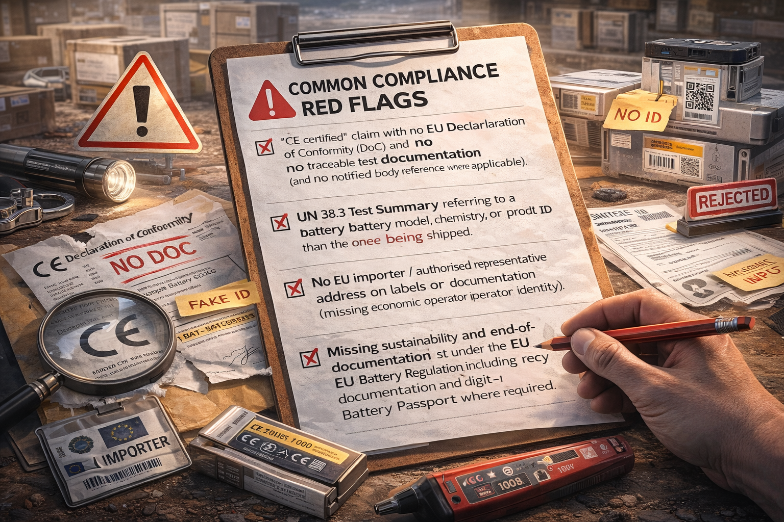 Battery passport and digital battery passport compliance checklist under the new EU battery regulation, covering batteries across the battery supply chain including industrial batteries, portable batteries and electric vehicle EV batteries placed on the EU market. The image illustrates battery life cycle management, battery production, battery replacement, battery type classification, chemical composition, raw materials sourcing, recovered materials, recycled materials and recycled content, addressing hazardous substances, safety risks, environmental risks and social and environmental risks. It highlights due diligence obligations, diligence obligations, diligence policies and due diligence requirements for economic operators, producer responsibility organizations and end users, including CE marking, EU safety rules, notified body references, full compliance, delegated acts, durability standards, durability requirements, removability and replaceability requirements, QR code labeling, detailed information access, guidelines clarify obligations, recycling targets, recycling efficiency, carbon footprint calculation, environmental impact reduction, circular economy principles, extended producer responsibility, collection schemes, member states enforcement, European Commission oversight and ensure compliance with new batteries regulation to support a sustainable future.