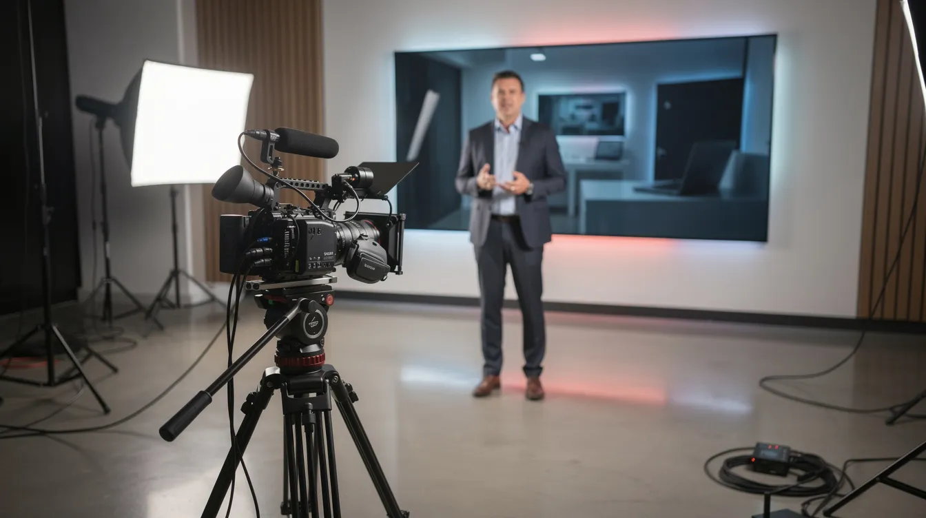 The image depicts a professional video production setup in a modern studio, featuring a camera, various lighting equipment, and a presenter engaged in delivering content. This environment highlights the importance of effective training delivery methods, such as instructor-led training and blended learning, to achieve measurable business outcomes and support employee development.