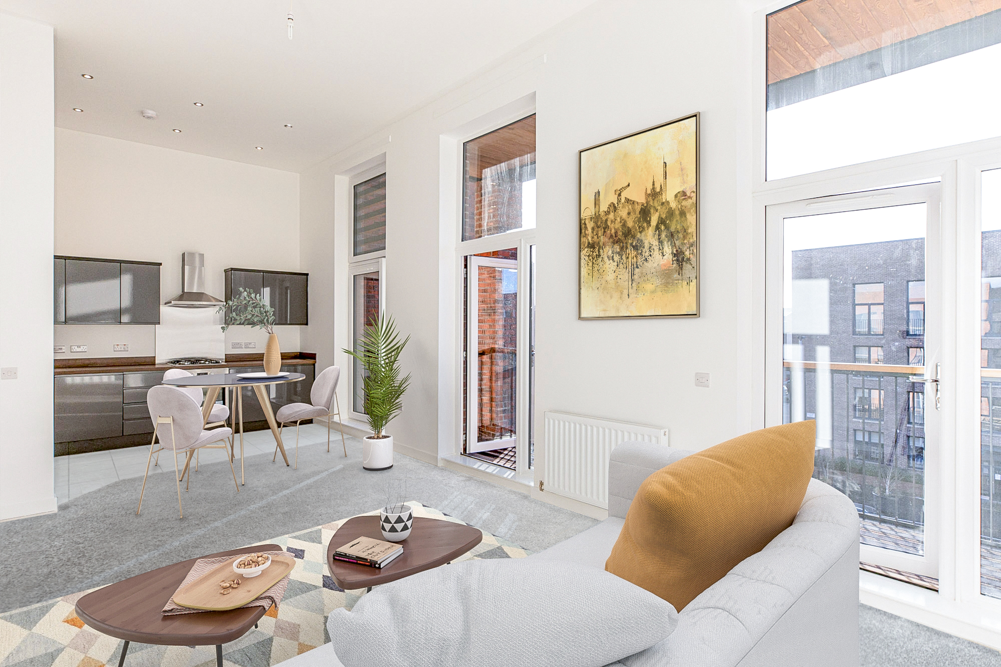 Open plan living room within brand new apartment in Edinburgh 
