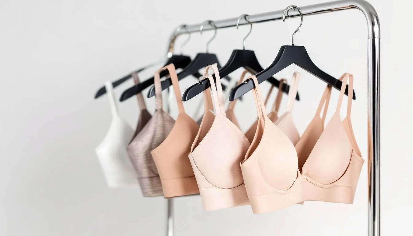 A selection of best wireless bras for everyday wear on a display rack.