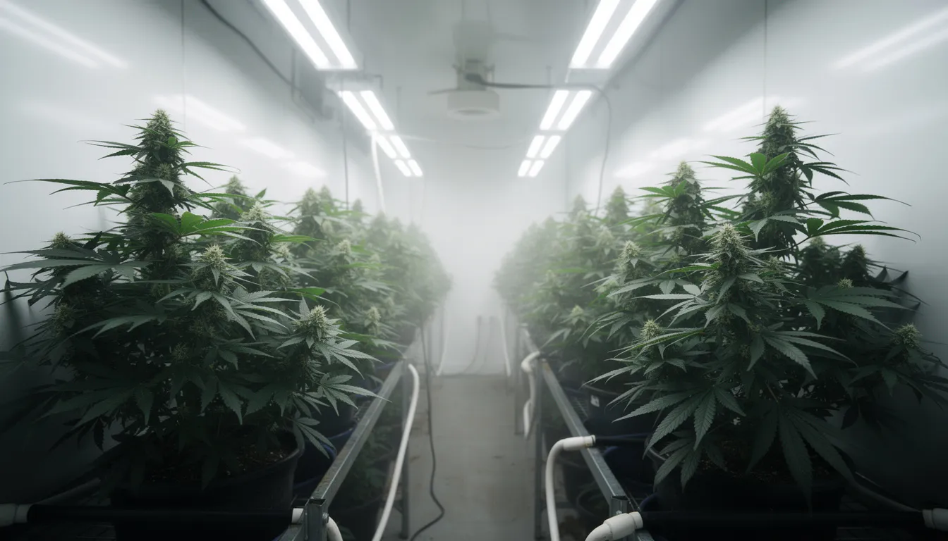 The image shows vibrant cannabis plants growing in an indoor cultivation facility, showcasing the thriving cannabis industry. This setting reflects the ongoing discussions around cannabis rescheduling and its potential medical use under federal law.