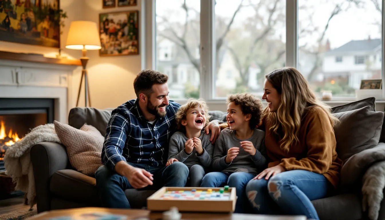 A family is gathered in a cozy living room, enjoying quality time together, which highlights the importance of work-life balance and mental wellbeing. The warm and inviting environment fosters relaxation and connection, allowing them to accomplish important tasks while also reducing stress.