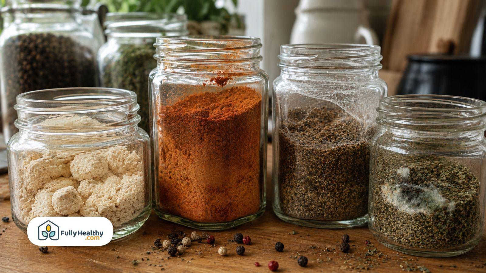 Open spice jars showing clumping mold webbing and moisture damage
