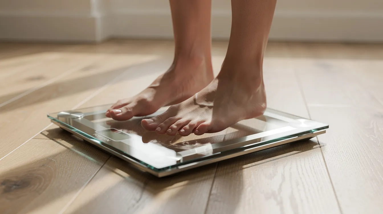 A person is standing on a sleek digital weighing scale made of tempered glass, positioned on a wooden floor, displaying precise readings of their body weight on an LED display. This electronic weighing scale is designed for daily use, offering accurate measurements to help monitor overall health.