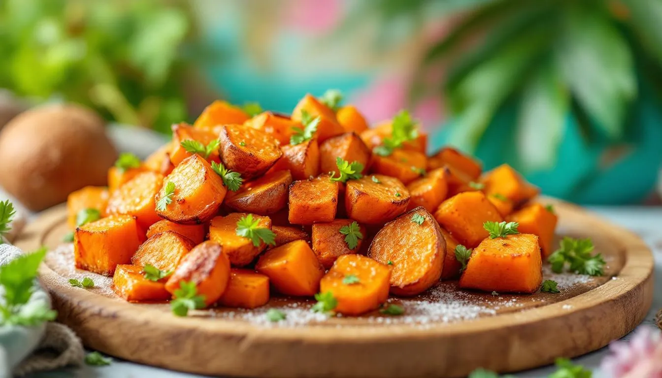 Roasted sweet potatoes garnished with herbs, showcasing a delicious side dish.