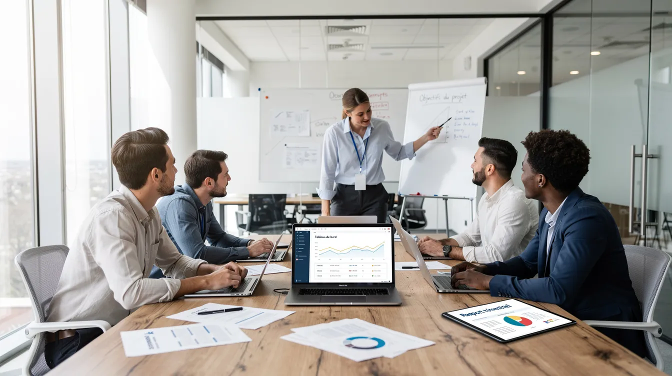 L'image montre une équipe de professionnels réunis autour d'une table dans un bureau moderne et lumineux, échangeant des idées pour renforcer la collaboration et la confiance au sein de l'entreprise. Chacun des collaborateurs semble engagé dans la discussion, créant un climat propice à la créativité et à la réussite.