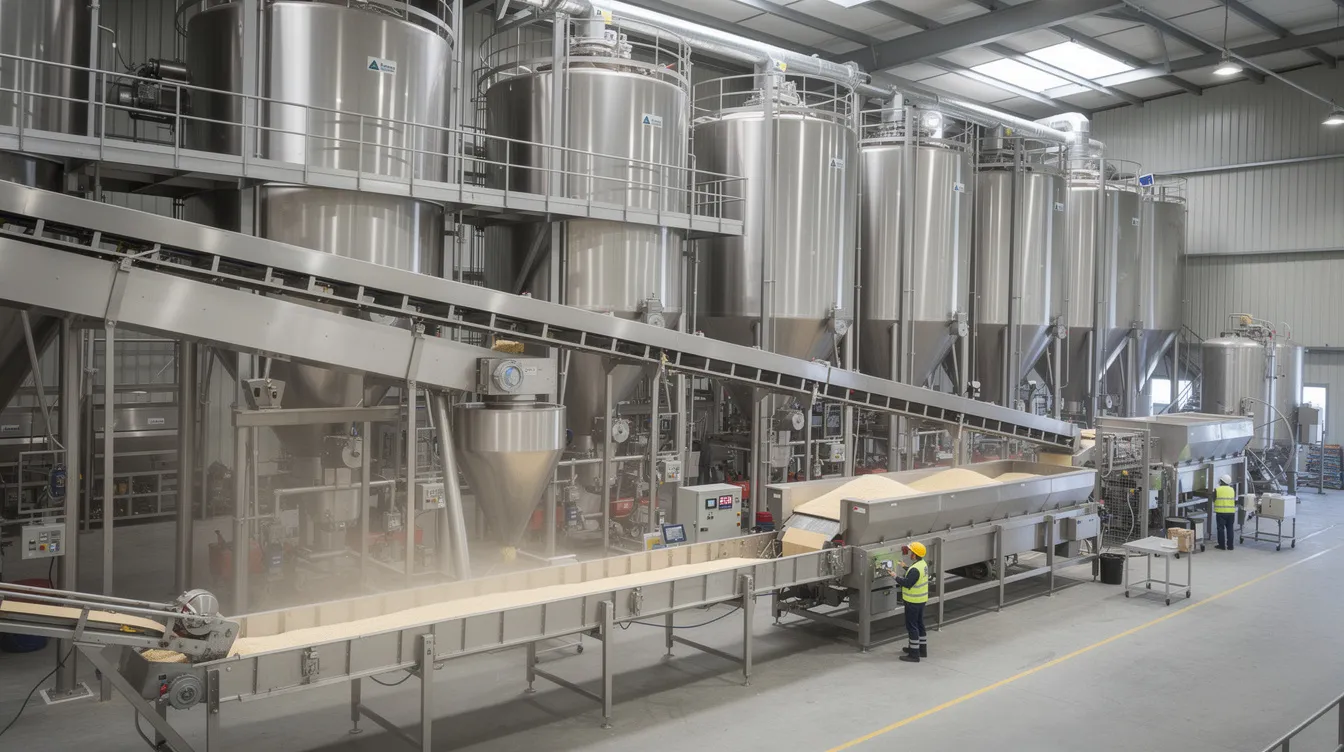 The image depicts a wide view of a modern rice mill facility, showcasing large steel machinery and conveyor systems actively processing paddy into finished rice. The bustling environment highlights the operational costs and efficiency of rice milling, essential for meeting market demand in the rice mill business.
