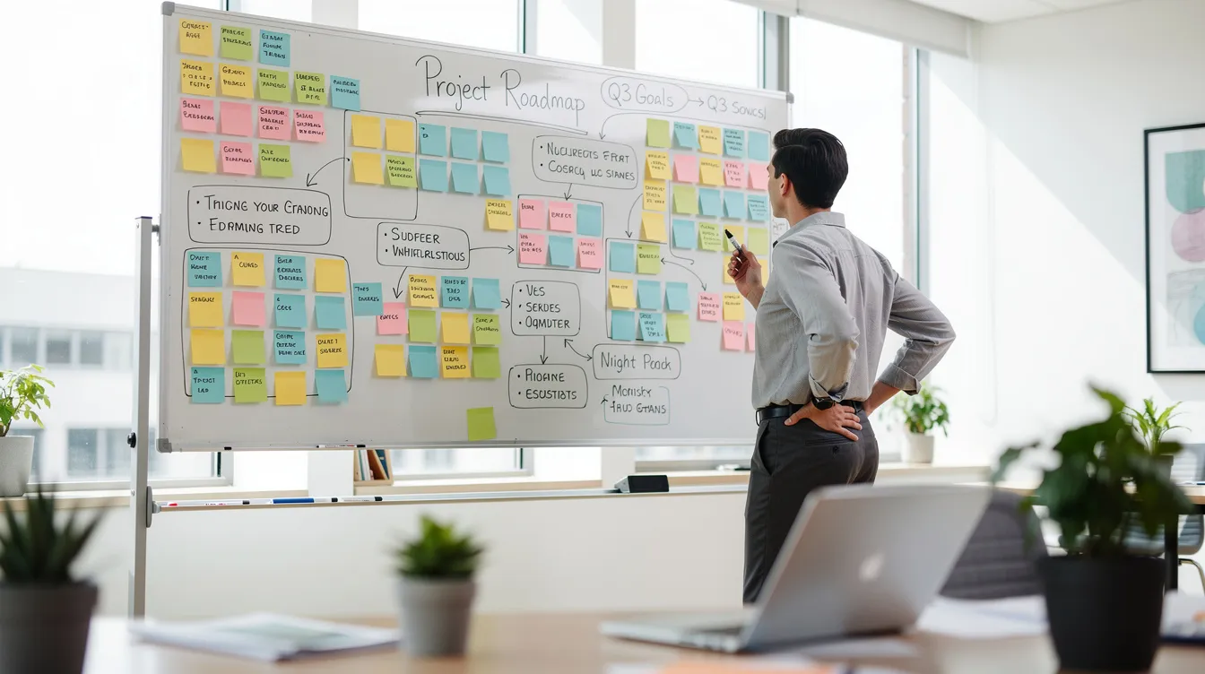 La imagen muestra a una persona de pie en un espacio de trabajo luminoso, frente a una pizarra llena de notas adhesivas de colores y texto escrito a mano, probablemente en plena lluvia de ideas sobre las directrices de marca y las estrategias para mantener una identidad de marca coherente. El entorno vibrante sugiere un ambiente colaborativo en el que los equipos creativos pueden ponerse de acuerdo sobre la visión y los elementos de la marca.