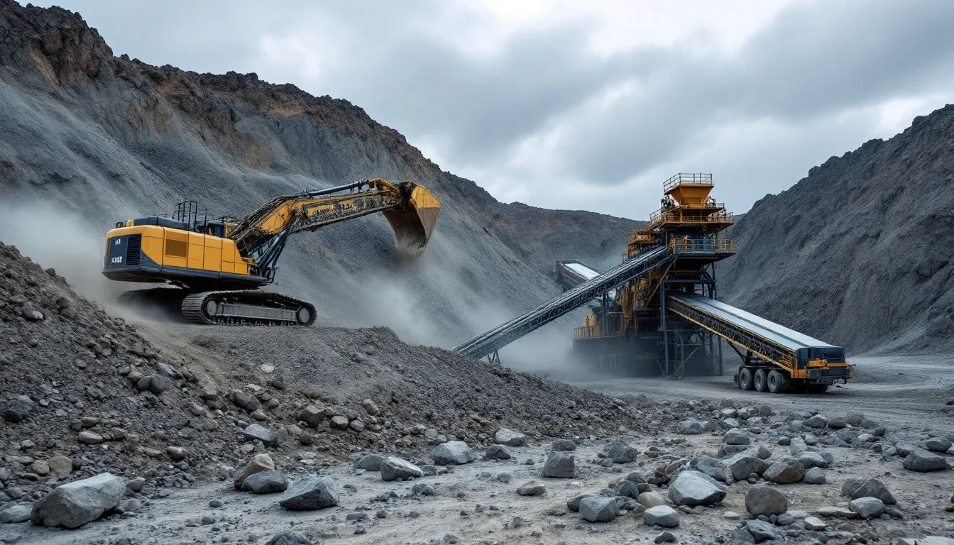 The image depicts a mining site where heavy equipment is actively engaged in the extraction of precious metals, showcasing large machinery and workers amidst piles of earth and rock.