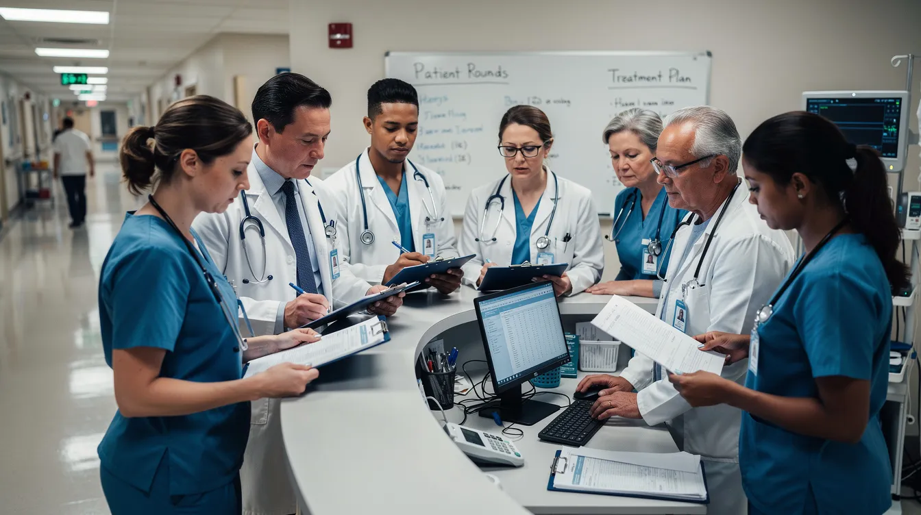In a hospital setting, a group of medical professionals is gathered around a table, intently reviewing patient charts and discussing complex medical cases. Their focus on the records highlights the importance of accurate documentation to prevent medical errors and potential medical malpractice claims.