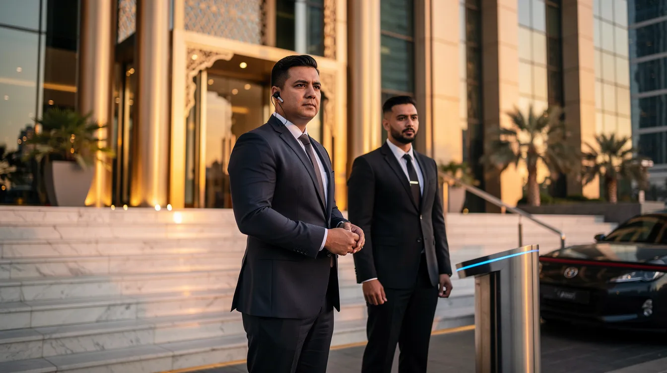 Two professional security personnel in dark suits stand confidently near the entrance of a luxury building in Dubai, ensuring a secure environment for corporate executives. Their presence exemplifies the high standards of professional security services, providing peace of mind through effective risk assessments and close protection.