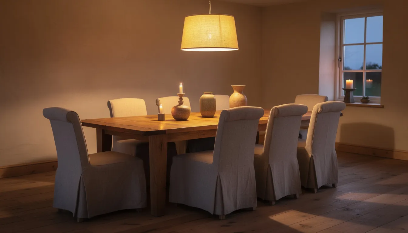 Een sfeervolle landelijke eetkamer met een massief eiken tafel en comfortabele linnen stoelen, omringd door warme verlichting die een gezellige uitstraling creëert. De ruimte is perfect voor het genieten van maaltijden met vrienden en familie, en straalt een natuurlijke charme uit door het gebruik van verschillende materialen.