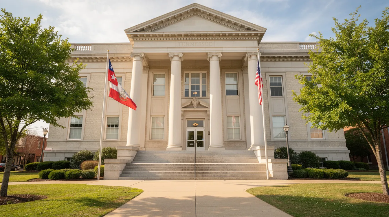 The image shows the exterior of a Tennessee courthouse, featuring grand columns and a set of steps leading to the entrance, symbolizing the authority of state law and judicial proceedings. This building serves as a key location for legal matters, including issues related to firearms and handgun carry permits under Tennessee law.