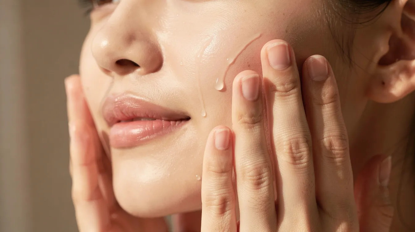 A pair of hands gently presses a few drops of rosehip oil onto the cheeks, illuminated by soft natural lighting. This nourishing oil, rich in essential fatty acids and vitamin C, is known for its benefits in improving skin tone, enhancing skin elasticity, and reducing the appearance of blemishes and fine lines.