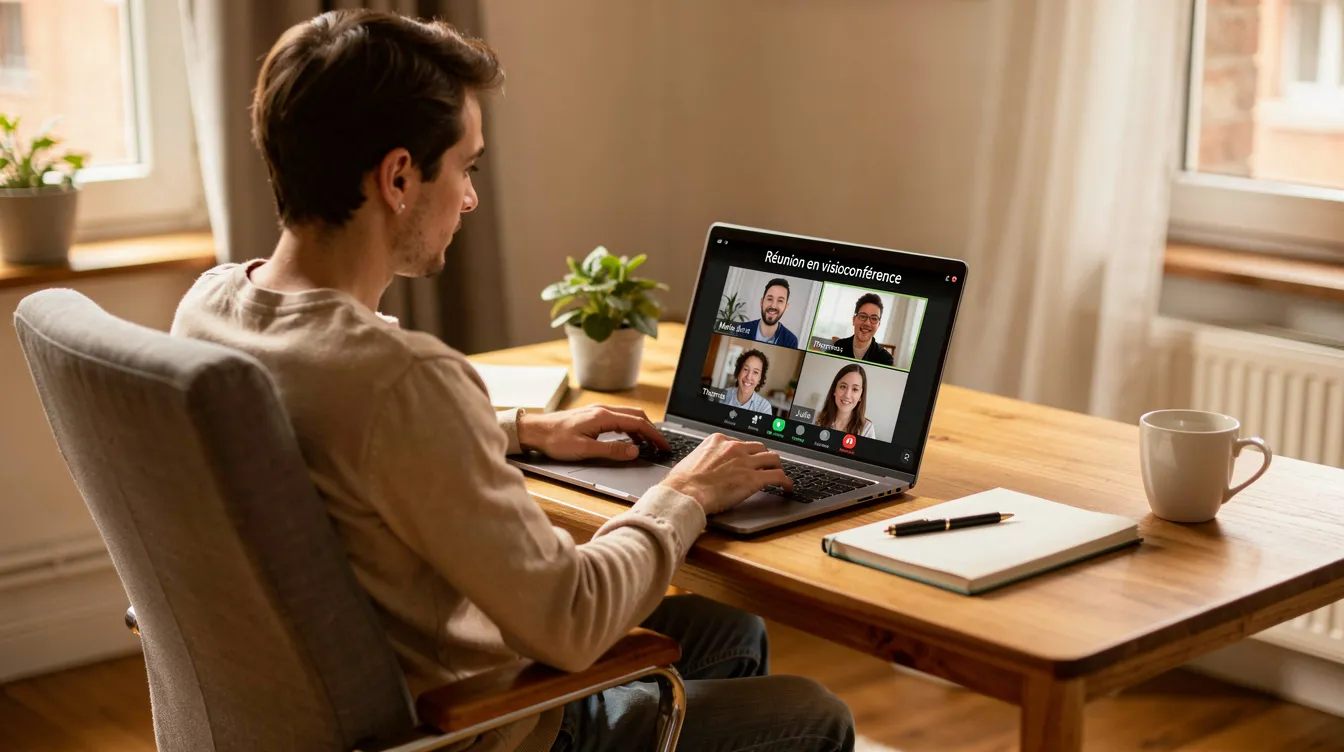 Une personne est assise à un bureau à domicile, travaillant sur un ordinateur portable avec une visioconférence ouverte, illustrant l'importance de la gestion d'équipe à distance et du bien-être des collaborateurs dans un environnement de travail moderne. L'image reflète les défis du management et de la cohésion d'équipe dans le cadre du télétravail.