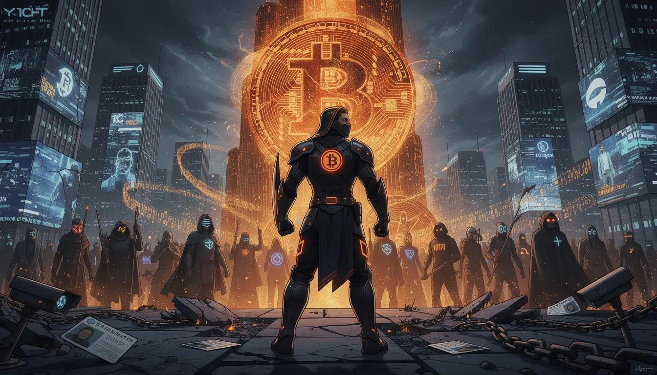 The image depicts a powerful artistic representation of the revolutionary spirit of Bitcoin, featuring a collection of plural talismans designed to resonate with warriors of identity. These symbols of personal protection and good fortune are intricately crafted, embodying a sense of healing and guidance, while reflecting the rich history and faith of various cultures.