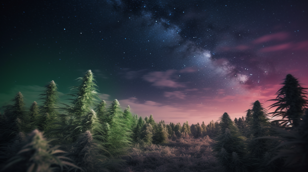 image to look like a cannabis forest at night with northern lights in the sky