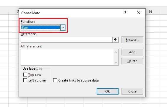 Click the Function Box drop-down button in the Consolidate dialog box, then select a function.