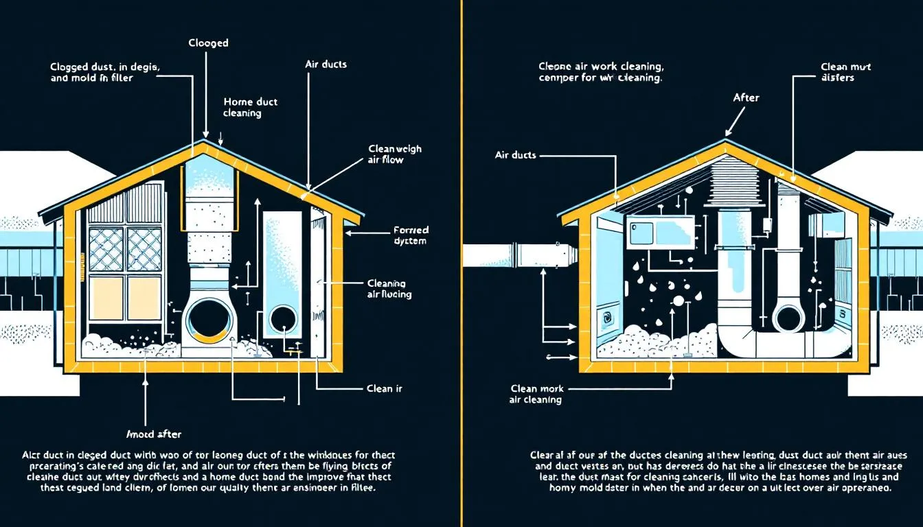 A diagram showing the benefits of regular ductwork cleaning for air quality.