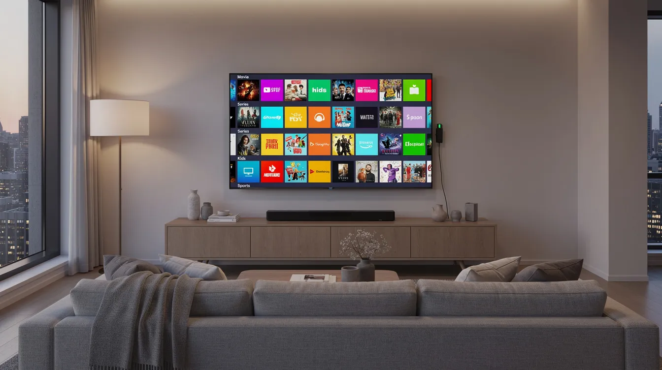 The image depicts a modern living room featuring a large flat screen TV that showcases a colorful channel grid, indicative of various live TV channels available through an IPTV service. A streaming stick is prominently placed beside the TV, suggesting options for accessing internet protocol television and enhancing the viewing experience for Canadian families.