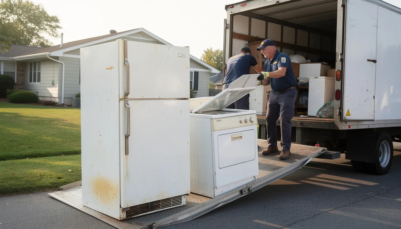 An old white refrigerator and washing machine are being loaded onto a junk removal truck by a professional team, showcasing the efficient and stress-free junk removal process. This scene highlights the commitment to responsible disposal practices and the convenience of same day junk removal services for residential and commercial clients.
