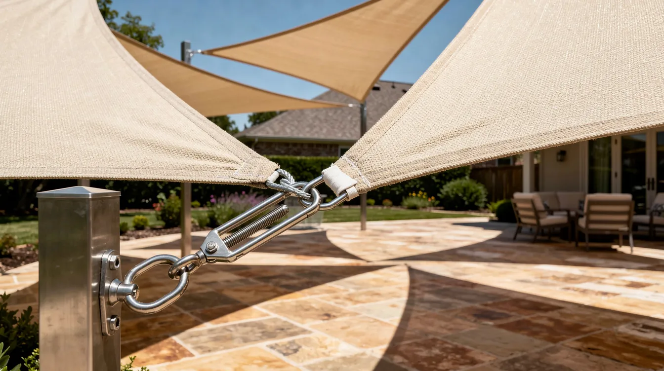 An architectural photograph showcases custom tensioned shade sails installed over an upscale patio deck in Nichols Hills, Oklahoma. The heavy-duty woven Sunbrella fabric allows sunlight to filter through, creating sharp geometric shade patterns on the stone pavers below, highlighting the durable materials and high-quality awning installation.