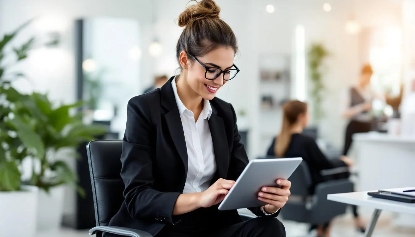 Una propietaria de salón de belleza utiliza una tablet para gestionar citas mientras atiende a una cliente, mostrando la importancia del software de gestión en el sector de la belleza para organizar reservas y mejorar la atención al cliente.