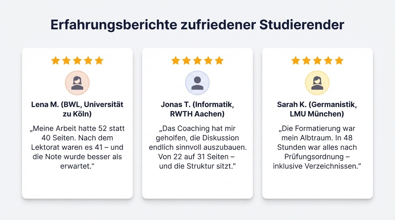 Drei Erfahrungsberichte von Studierenden: Lena M. (BWL, Uni Köln) reduzierte ihre Arbeit von 52 auf 41 Seiten durch Lektorat, Jonas T. (Informatik, RWTH Aachen) erweiterte seine Arbeit von 22 auf 31 Seiten mit Coaching, Sarah K. (Germanistik, LMU München) ließ ihre Arbeit innerhalb von 48 Stunden formatieren – alle verbesserten dadurch ihre Note